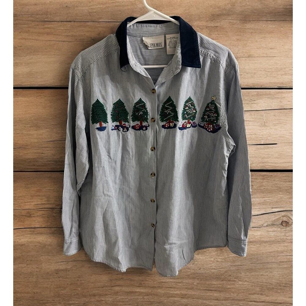 Vintage Casey and Max Women's Christmas Shirt Button Front Striped Cotton Size L